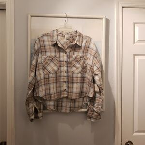 Nwt Passport Plaid Button-Up Cropped Shirt Sz L